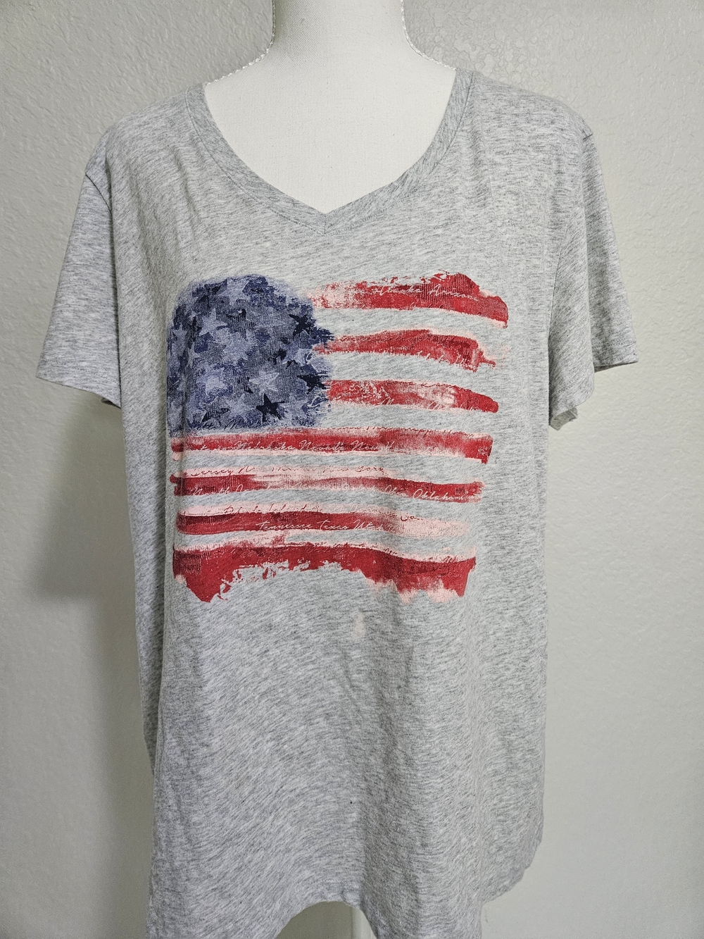 Gray Short Sleeve V-Neck Tee with Distressed American Flag